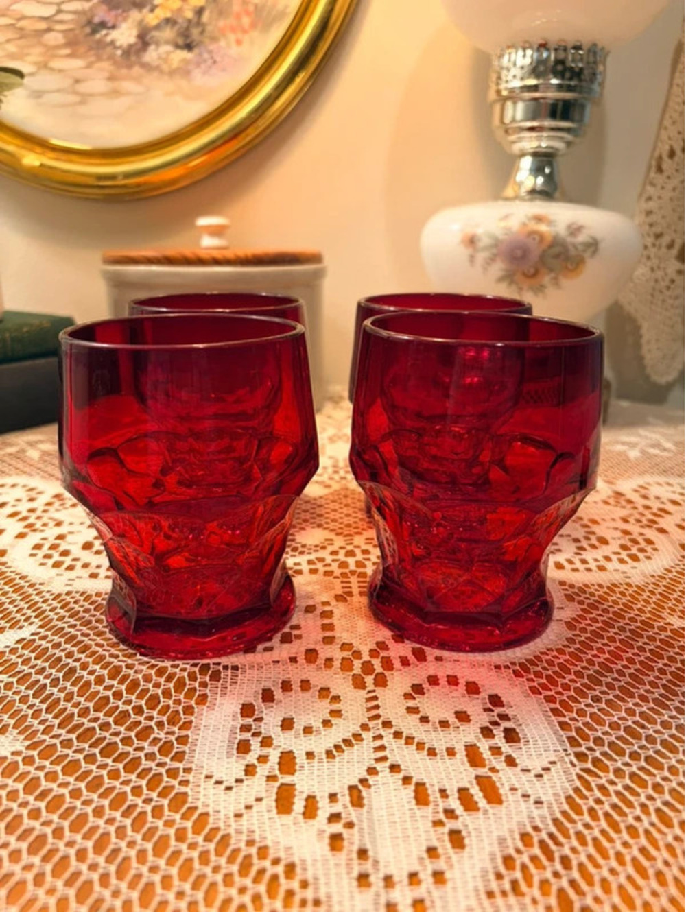 Vintage Ruby Red Glass Tumblers Set of 4 Faceted Drinking Glasses 4.5”